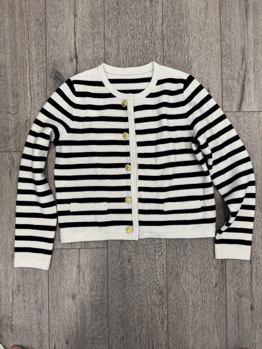 Goelia Button Up Wool Striped Cardigan With Gold Buttons